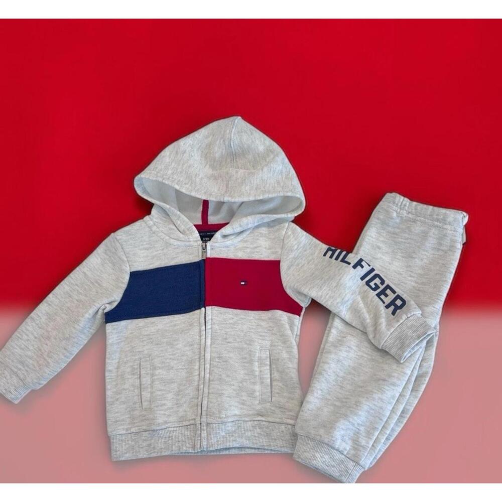 Tommy Hilfiger Infant Boy's Hoodie & Jogger Pants 2 Piece Set Grey Navy Ted 6/9M